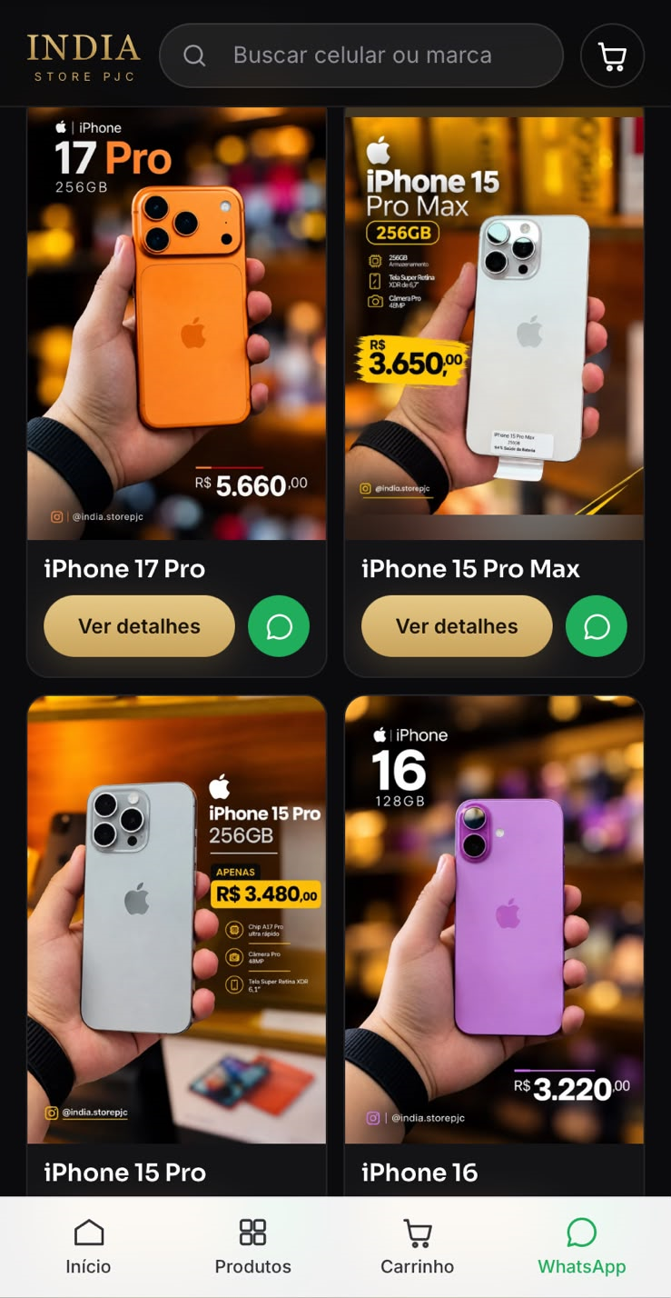 Catálogo de smartphones da India Store PJC no celular