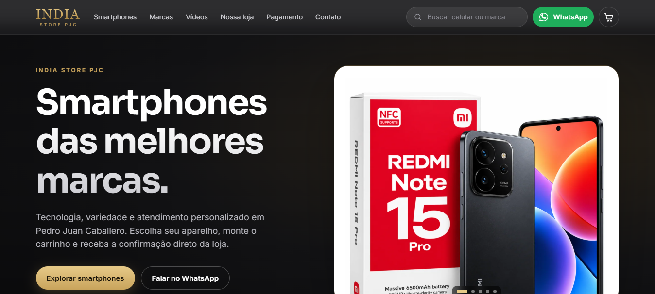 Página inicial da India Store PJC no computador: Smartphones das melhores marcas
